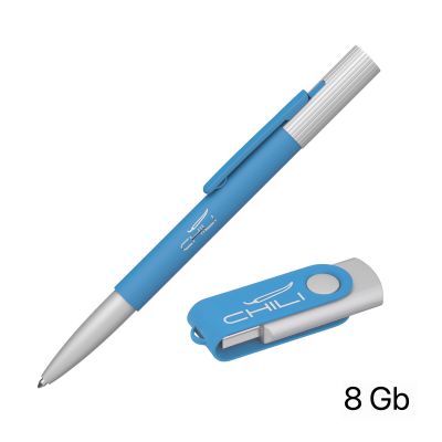 Набор ручка Clas + флеш-карта Vostok 8 Гб в футляре, покрытие soft touch, голубой-1