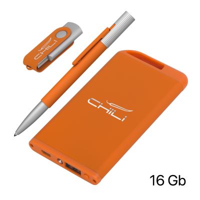 Набор ручка Clas + флеш-карта Vostok 16Гб + зарядное устройство Theta 4000 mAh в футляре, покрытие soft touch#, оранжевый-1