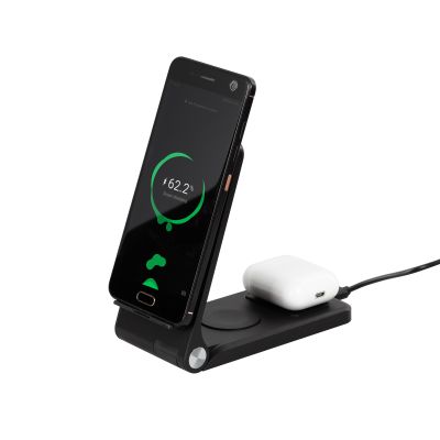 Складная беспроводная (15W) зарядная станция Clap с подсветкой логотипа и подставкой для смартфона, черный-8