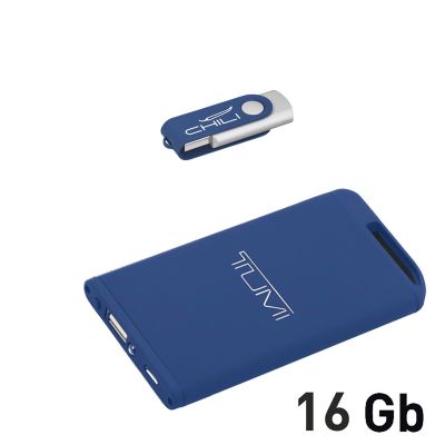 Набор зарядное Theta 4000 mAh + флеш-карта Vostok 16Гб  в футляре, голубой, покрытие soft touch, темно-синий-0