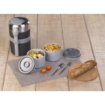 Термос с контейнерами и приборами для ланча, покрытие soft touch, черный-1