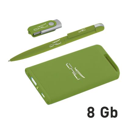 Набор ручка + флеш-карта 8Гб + зарядное устройство 4000 mAh в футляре, soft touch, зеленое яблоко-1
