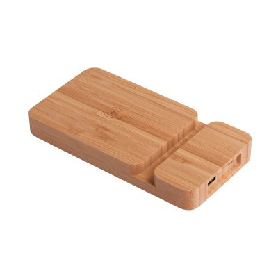 Беспроводное (10W) зарядное устройство Bamboo Power 5000 mAh с подставкой под смартфон, бамбук, бежевый-0