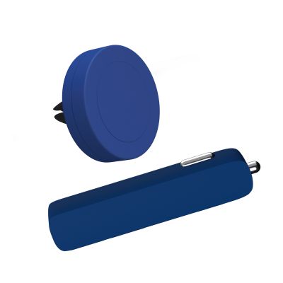 Набор автомобильное зарядное устройство Slam + магнитный держатель для телефона Allo в футляре, покрытие soft touch, темно-синий-3