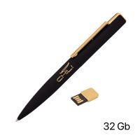 Ручка шариковая Callisto с флеш-картой 32GB, покрытие soft touch, черный с золотом