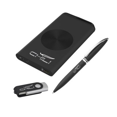 Набор ручка Rocket + флеш-карта Vostok 16Гб + беспроводное ЗУ Theta Wireless 4000 mAh, soft touch, черный с серебристым-1