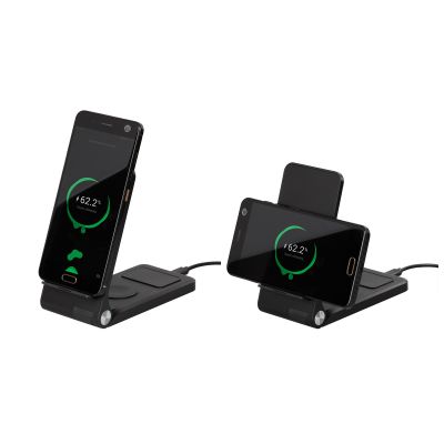 Складная беспроводная (15W) зарядная станция Clap с подсветкой логотипа и подставкой для смартфона, черный-3