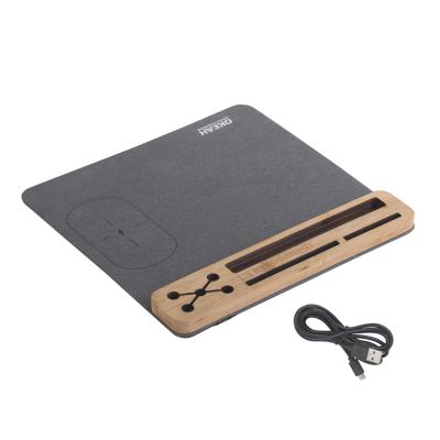 Настольная подставка с беспроводным зарядным устройством, переработанная кожа/бамбук, серый с бежевым-3