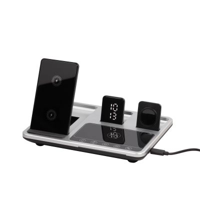 Беспроводная (15W) зарядная станция Smart Lift с сенсорным подъёмным механизмом, часами и ночной подсветкой, черный с серебристым-0