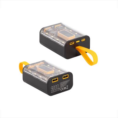 Зарядное устройство Shine 9000 mAh с LED-подсветкой, встроенными кабелями Type-C/Lightning/USB, черный с желтым-1