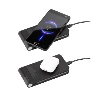 Складная беспроводная (15W) зарядная станция Clap с подсветкой логотипа и подставкой для смартфона, черный-4