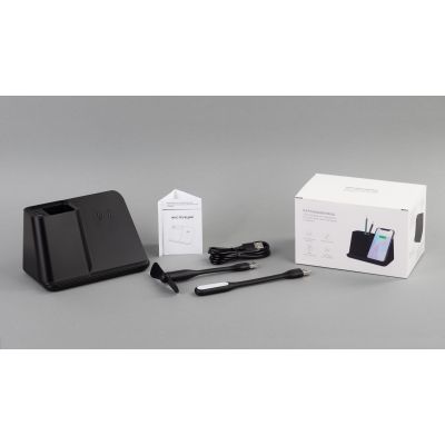 Карандашница Black Star с беспроводным (10W) зарядным устройством, вентилятором и лампой, с подсветкой логотипа, черный-6