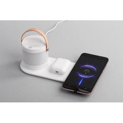Настольная беспроводная (15W) зарядная станция Smart Home с bluetooth колонкой-лампой, белый-0