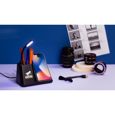 Карандашница Black Star с беспроводным (10W) зарядным устройством, вентилятором и лампой, с подсветкой логотипа, черный-1