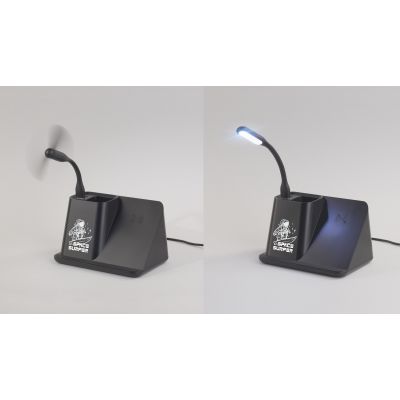 Карандашница Black Star с беспроводным (10W) зарядным устройством, вентилятором и лампой, с подсветкой логотипа, черный-3