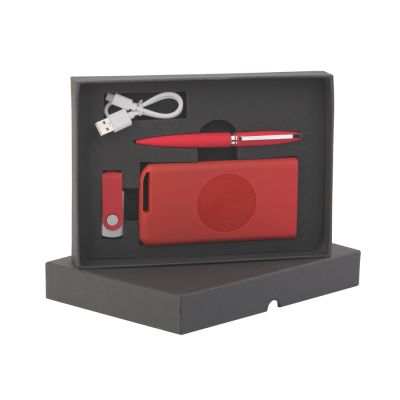 Набор ручка Rocket + флеш-карта Vostok 16Гб + беспроводное ЗУ Theta Wireless 4000 mAh, soft touch, красный с серебристым-0