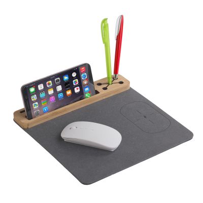 Настольная подставка с беспроводным зарядным устройством, переработанная кожа/бамбук, серый с бежевым-0
