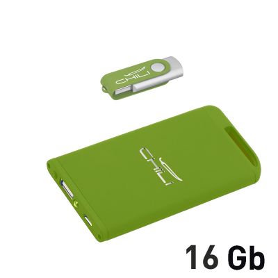 Набор зарядное Theta 4000 mAh + флеш-карта Vostok 16Гб в футляре, голубой, покрытие soft touch, зеленое яблоко-0