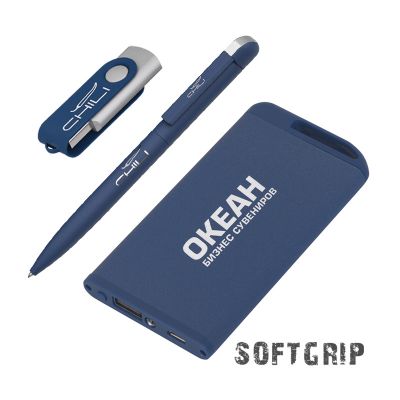 Набор ручка + флеш-карта 8Гб + зарядное устройство 4000 mAh в футляре, softgrip, темно-синий-1