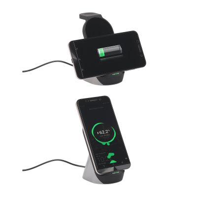 Настольная беспроводная (15W) зарядная станция Tower для часов, наушников, смартфона, с подсветкой логотипа и адаптером 18W, черный с серым-6