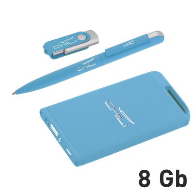 Набор ручка + флеш-карта 8Гб + зарядное устройство 4000 mAh в футляре, soft touch, голубой-1