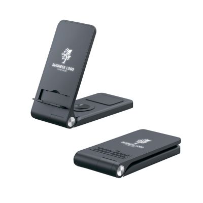 Складная беспроводная (15W) зарядная станция Clap с подсветкой логотипа и подставкой для смартфона, черный-0