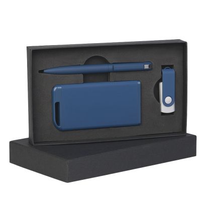 Набор ручка + флеш-карта 8Гб + зарядное устройство 4000 mAh в футляре, soft touch, темно-синий-0