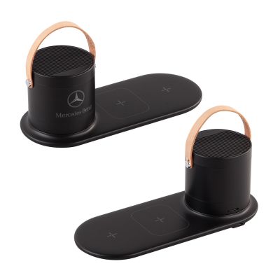 Настольная беспроводная (15W) зарядная станция Blacksmith с bluetooth колонкой с подсветкой логотипа, черный-3