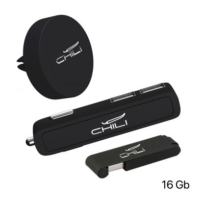 Набор автомобильное ЗУ Slam + флешка Case 16 Гб + магнитный держатель Allo, soft touch, черный-3