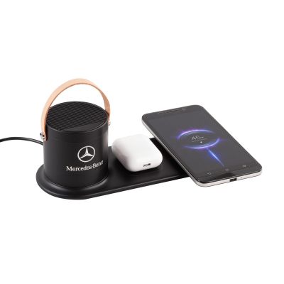 Настольная беспроводная (15W) зарядная станция Blacksmith с bluetooth колонкой с подсветкой логотипа, черный-0