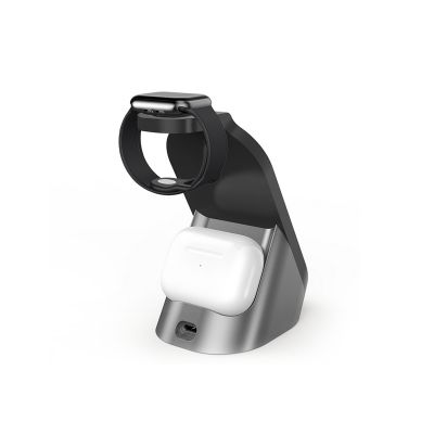 Настольная беспроводная (15W) зарядная станция Tower для часов, наушников, смартфона, с подсветкой логотипа и адаптером 18W, черный с серым-1