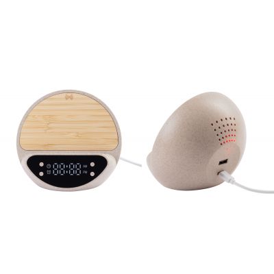 Настольные часы Smiley с беспроводным (10W) зарядным устройством и будильником, пшеница/бамбук/пластик, бежевый-2