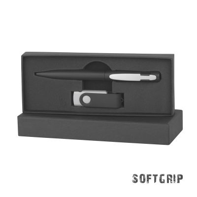 Набор ручка + флеш-карта 16 Гб в футляре, покрытие softgrip, черный с серебристым-0