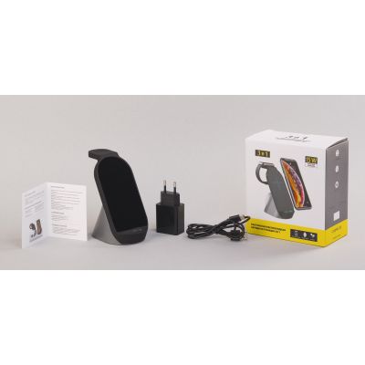 Настольная беспроводная (15W) зарядная станция Tower для часов, наушников, смартфона, с подсветкой логотипа и адаптером 18W, черный с серым-7