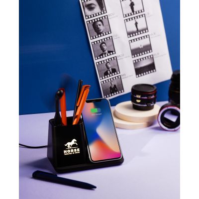 Карандашница Black Star с беспроводным (10W) зарядным устройством, вентилятором и лампой, с подсветкой логотипа, черный-2