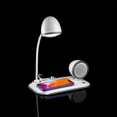 Лампа с колонкой и беспроводной зарядкой Flashback, белая-10