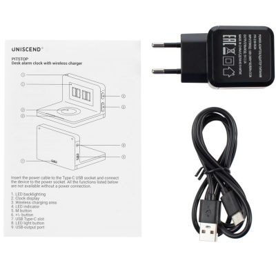 Часы настольные с беспроводным зарядным устройством Pitstop, черные-5