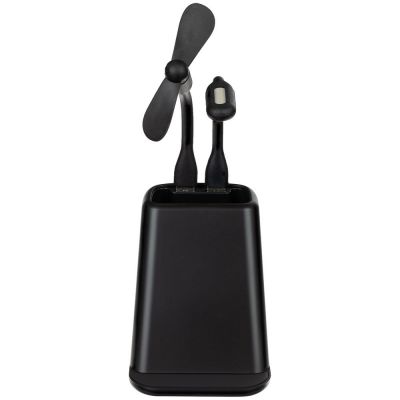 Настольный органайзер с зарядкой, лампой, вентилятором и подсветкой логотипа powerTower, черный-3