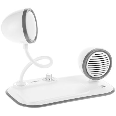 Лампа с колонкой и беспроводной зарядкой Flashback, белая-5