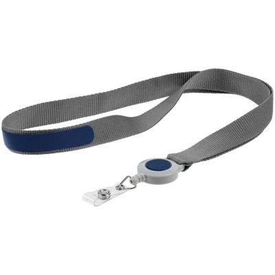 Лента для бейджа с ретрактором Devon, серая с синим-0