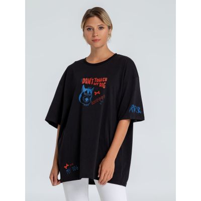 Футболка оверсайз с термонаклейками «Не трогай мою собаку!», черная-2