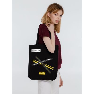 Холщовая сумка с термонаклейками Cautions, черная-4