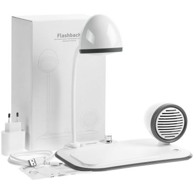 Лампа с колонкой и беспроводной зарядкой Flashback, белая-9