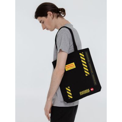 Холщовая сумка с термонаклейками Cautions, черная-1