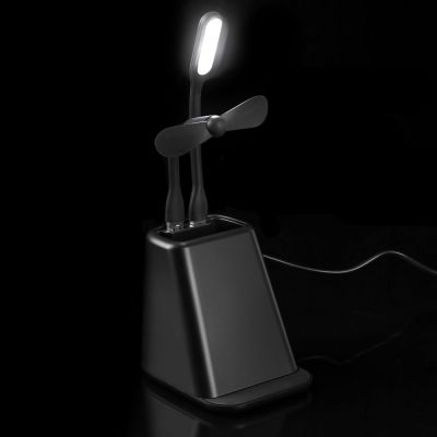 Настольный органайзер с зарядкой, лампой, вентилятором и подсветкой логотипа powerTower, черный-8