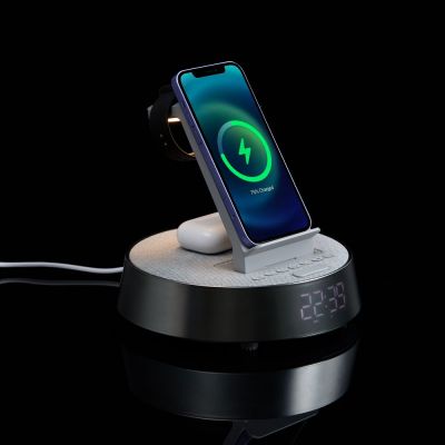 Bluetooth-колонка с беспроводной зарядкой и часами netEnergy, серая-11