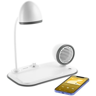 Лампа с колонкой и беспроводной зарядкой Flashback, белая-1