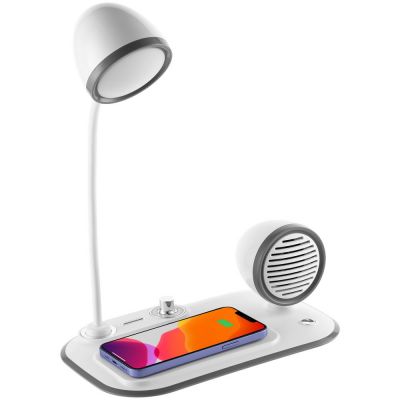 Лампа с колонкой и беспроводной зарядкой Flashback, белая-0