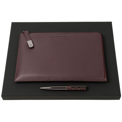 Набор Hugo Boss: конференц-папка с блокнотом А5 и ручка, бордовый-0