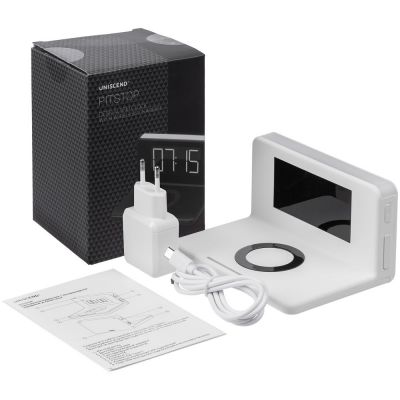 Часы настольные с беспроводным зарядным устройством Pitstop, белые-7